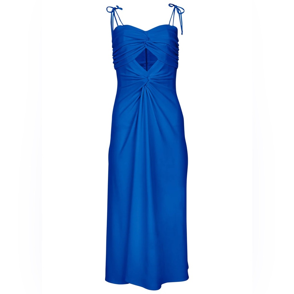NWT Venus Blue Ruched Cutout Tie Strap Midi Dress Size Small - Picture 4 of 7